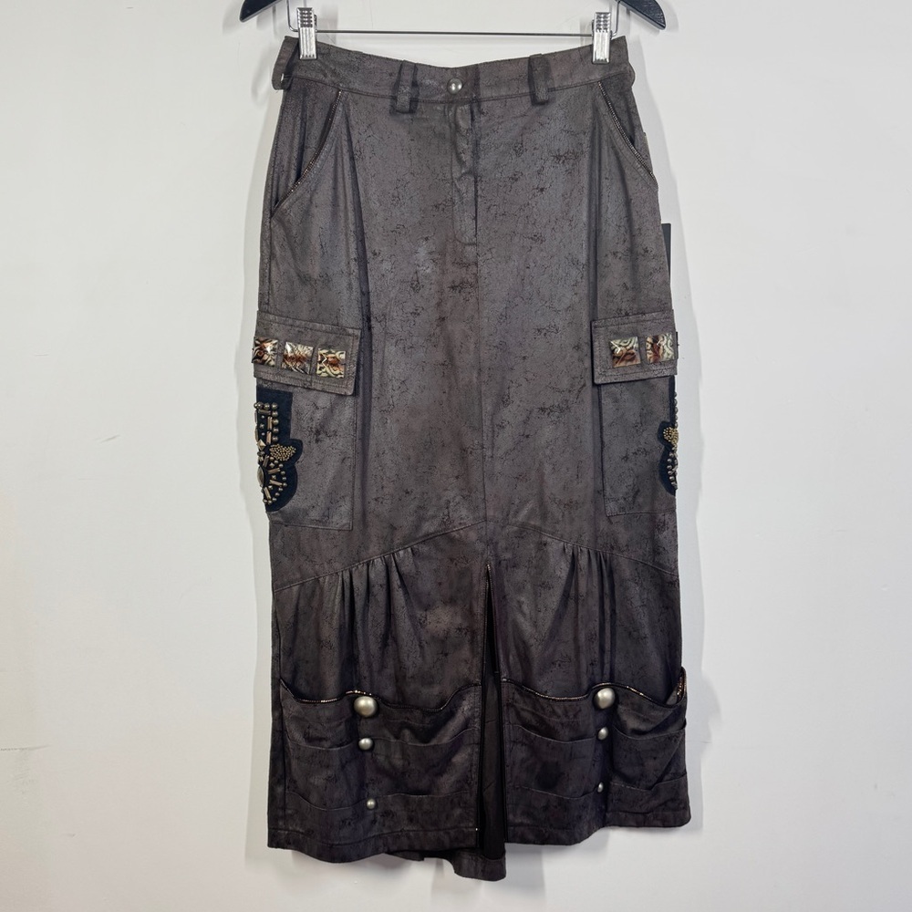Camelot Italy Brown Cargo Midi Skirt Size S Embellished Utility Boho Grunge - Picture 2 of 16